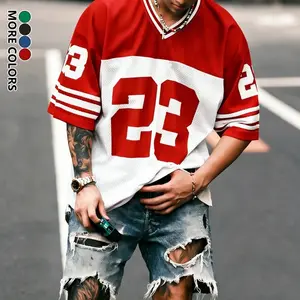 Men’s retro street-style basketball jersey T-shirt, trendy color-block number print short-sleeve top, summer casual loose athletic T-shirt, basketball jersey