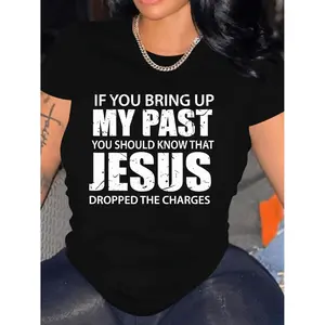 Funny Letter Print Jesus T-shirts Crew Neck T-Shirt, Casual Short Sleeve Top For Spring & Summer, Women's Clothing