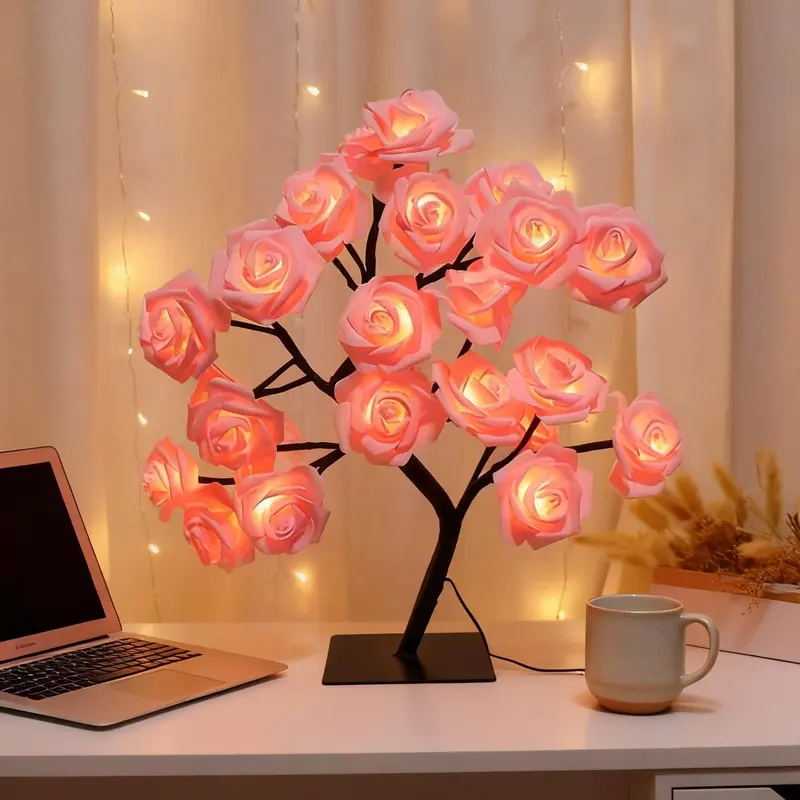 Colorful Rose Tree Night Light - USB-Powered 0-5W Table Lamp with Classic Soft Glow, Decorative Lighting, Abstract Design, All-Season Charm, Anniversary Valentine Home Bedroom Gift