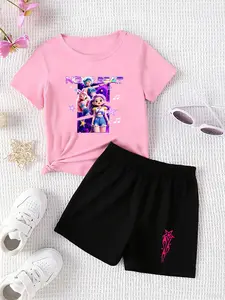 Kpop Hunter Girl Print Set, Kpop Theme, Casual Sports Short Sleeve + Shorts, Girls' Clothing, Youth Fashion, Perfect Gift Choice
