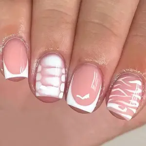 White French Manicure Light Pink Full Cover Fake Nails White Stripes Designs Press on Nails 24pcs Short Square False Nails