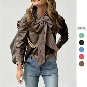Imily Bela Womens Plaid Shirts Bow Tied Neck Button Down Long Sleeve Casual Dressy Blouse Tops
