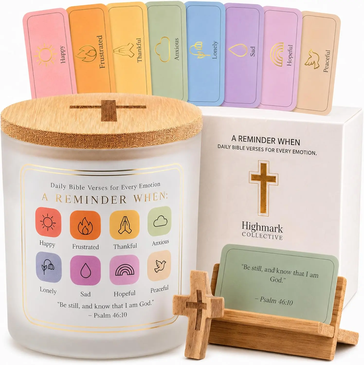 Religious Gift Ideas - Bible Verse Jar with 200 Scripture Cards for 8 Emotions, Color-Coded Prayer & Bible Verse Cards, Frosted Glass Jar with Wooden Stand & Cross, Christian Gift for Women, Birthday & Encouragement Gift