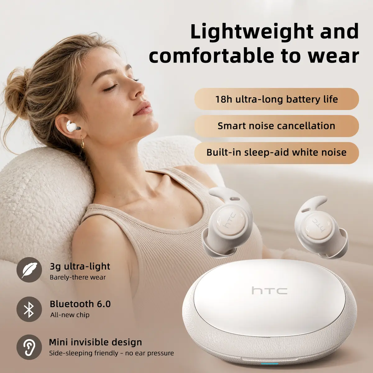 HTC NE76 Wireless Sleep Earbuds Feature Bluetooth 6.0 With Noise Cancellation And a low-Profile,Flush-Fit Design That Ensures Zero Ear Pressure When Sleeping On Your Side.Designed To Improve Sleep Quality,They Are Ideal For Travelers And Side Sleepers
