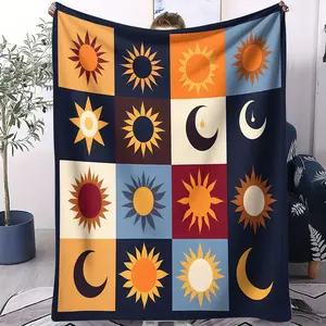 Retro Sun & Moon Patchwork Print Flannel Blanket, Mid-Century Modern Celestial Throw Blanket, Soft Warm Blanket, Perfect Boho Gift Blanket with Vivid Digital Print, Ideal for Bedroom & Living Room Aesthetic Decor