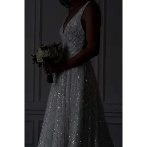 The Alexis Gown - Wedding Dress Bridal Gown A-Line Off-White Lace Beaded V-Neck Tank Low Back Tulle Silver Sparkly