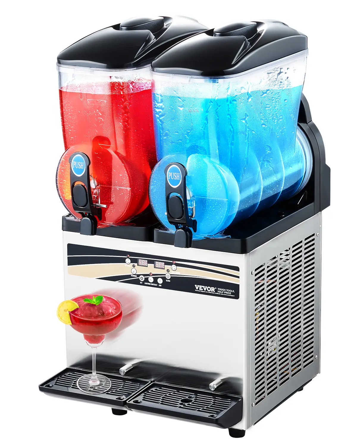【Summerfinds】VEVOR Commercial Frozen Drink Maker, 15Lx2 Double Tank Slushy Machine, 120 Cups Stainless Steel Margarita Smoothie Frozen Drink Machine, Slushie Maker for Home Party Restaurants Cafe Bars