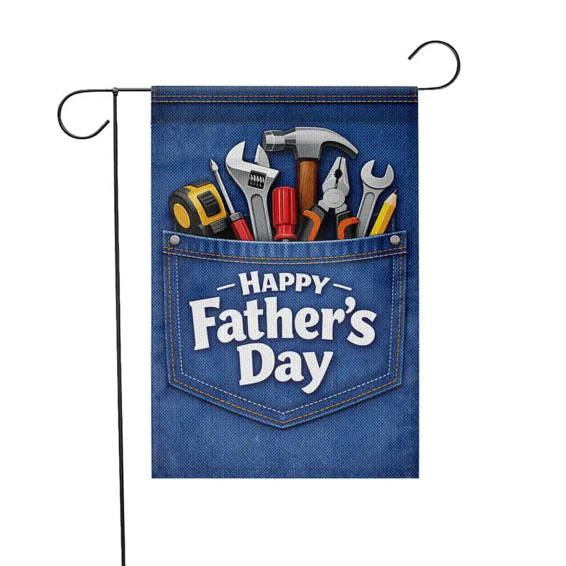 Happy Fathers Day Garden Flag, Tool Pocket Dad Flag, Handyman Dad Gift, Denim Style Yard Decor, Fathers Day Outdoor Flag