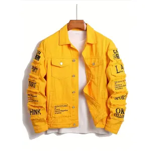Men's Heavyweight Denim Jacket - Oversized Vintage Street Style Coat, 3D Patchwork Design, Single Button Closure, Four Pocket Design Casual Jacket, Front Placket with Functional Pockets, Non-Stretch Fabric Menswear Tops Yellow Long Sleeve fun st Stretch a