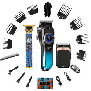 LQT 3-PCS Cordless Hair Clipper Set, Blue Graffiti Design , Skull Design,Barber Trimmer Set,Rechargeable Beard Razor,Home Grooming Kit,Perfect Holiday Gift