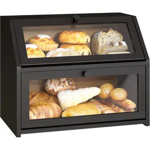 Farmhouse Bread Box for Kitchen Countertop Bread box Double Layer  Wooden  Capacity Bin Kitchen  Storage Container(Black)