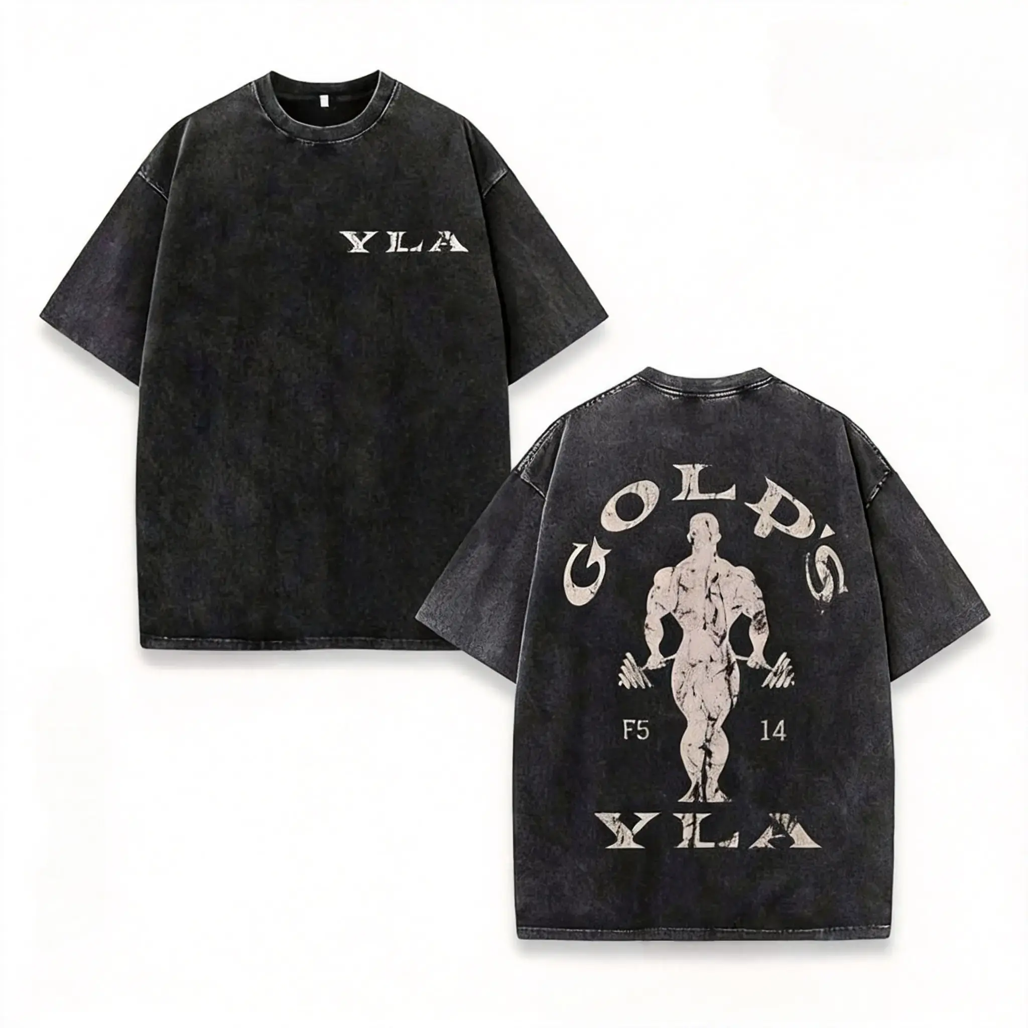 Oversized Vintage Acid Washed Cotton Streetwear T-Shirt, Double-Sided Gym Fitness Figure YLA Typography Loose Casual Shirt, Ideal for Gym Exercise, Road Trips, Daily Errands, Skate Wear and Y2K Retro Street Matching