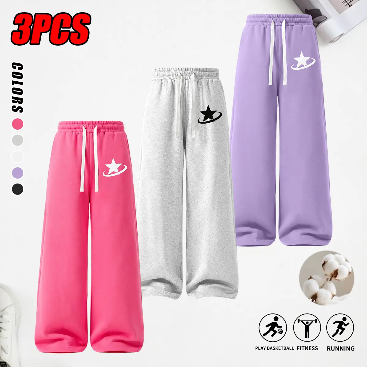 Women’s 3-Pack Cotton Loungewear Pants - Skin-Friendly High-Quality Comfortable Underwear for Women with Elastic Drawstring Waistband, Loose Non-Restrictive Fit, Durable Wear - Ideal for Pajamas, Activewear, Sportswear, Athletic Use