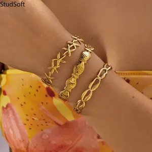 New Starfish & Seashell Spliced Bangle — Minimalist Design with Delicate Little Fish Accent; Open-Cuff Style, Ideal for Layering