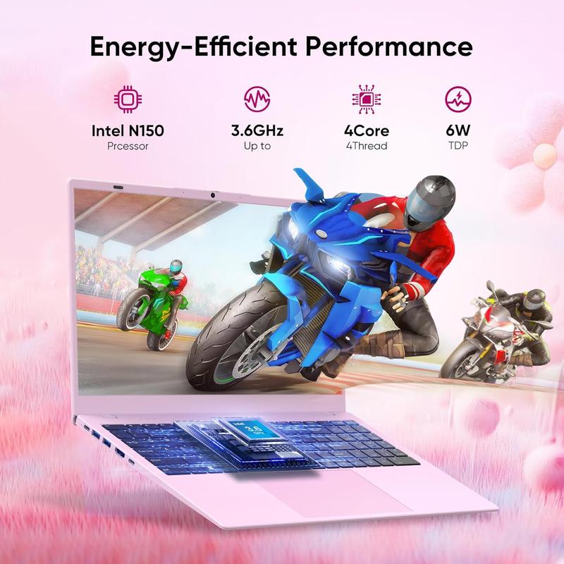 15.6" Laptop for Students & Home Featuring 12GB DDR5 RAM 512GB SSD FHD Thin Bezel Display Intel N150 up to 3.6GHz Long Battery Life Wi-Fi 6 Privacy Camera Your Perfect Pink Partner