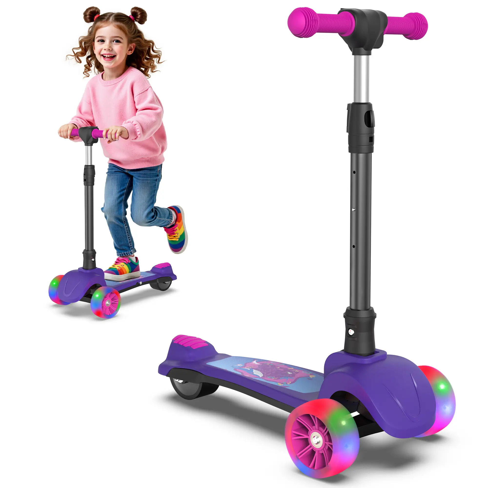 【AOPO】Kids Scooter, Electric Scooter for Kids, 80W Motor, Max Safe Speed 5 MPH, 3 Adjustable Heights, Lean-to-Steer Design, 3.5" Light-Up Wheels, Foldable Scooter for Boys & Girls, Max Load 110 lbs