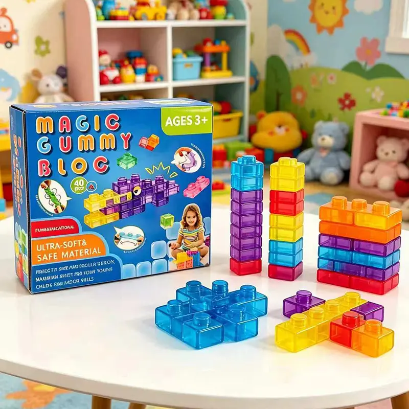 Soft Jelly Building Blocks, Squishy Multi-color Stacking Building Blocks Toy Set, Non-toxic Sensory Tactile Play Toy Safe Squeezable & Stretchable Fun, Puzzle Blocks for Kids Creative Construction Bath Toy Age 3+ tikt