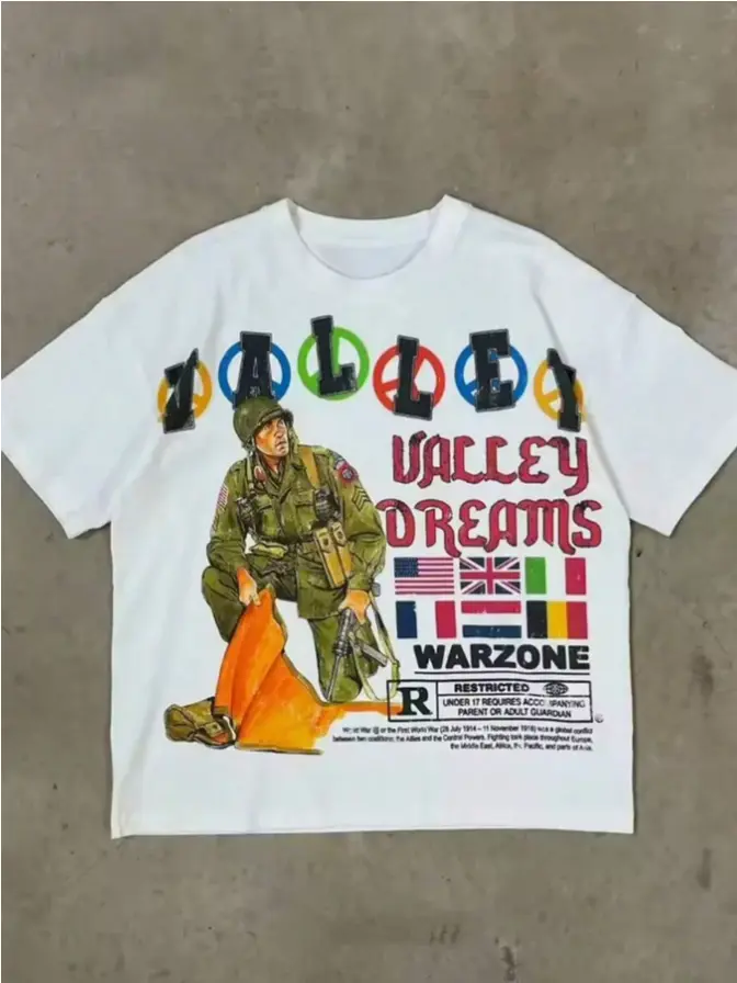 Vintage Military Solider Graphic Tee | Men's Oversized Streetwear T-Shirt | Valley Dreams Warzone Flag Print