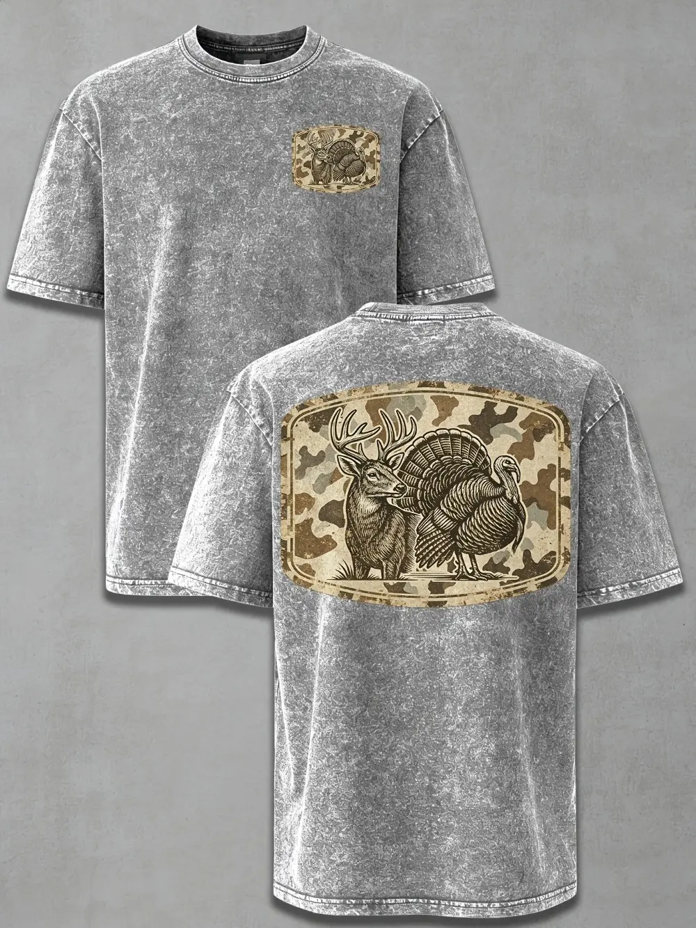 Vintage Mineral Washed Whitetail Deer & Wild Turkey Hunting T-Shirt – Oversized Camo Graphic Tee, Gift for Deer Hunters & Turkey Hunters