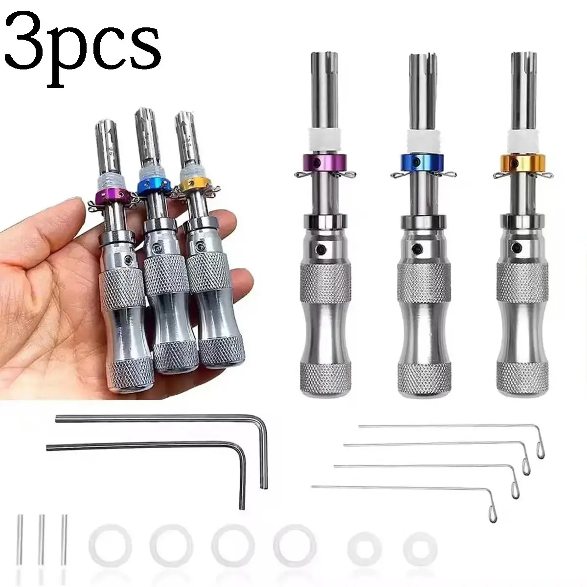 3 Pieces of 7-Pin Tubular Tools, Made of Stainless Steel, Three Sizes Suitable for Various Specifications, with Reset Function, Multi-Functional Hand Tool, Mechanical Tool Set, Hand Tool Kits
