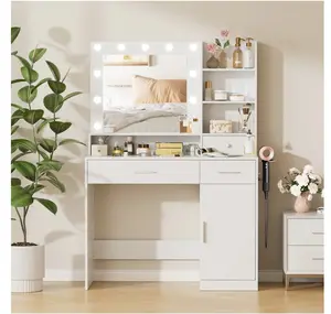 Modern Dressing Table with Mirror and Adjustable LED Lighting, Drawers and Storage Shelves, White