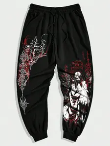 Gothic Dark Angel Print Jogger Pants, High Street Casual Loose Fit, All Season Wear, Unisex Fashionable Sweatpants, Baggy Jogging Pants