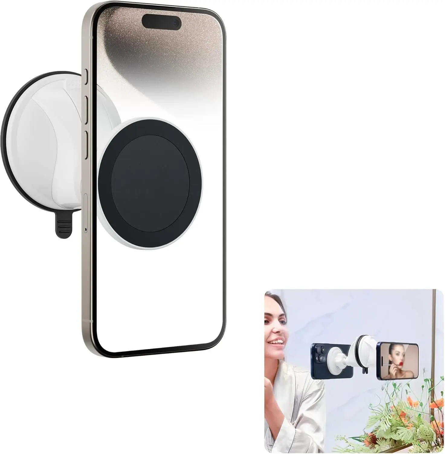 Multi-Surface Suction Mount Detachable  Phone Holder for Mirror Shower Bathroom Kitchen Window Videos Compatible with MagSafe  16 15 14 13 12 & All Phones - White