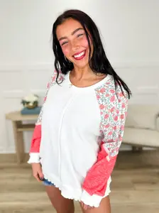 You're Telling Me Knit Long Sleeve Ivory Avery Mae Top - Oversized Fit, Textured Knit, Floral Print, Coral Colorblock Sleeves, True to Size