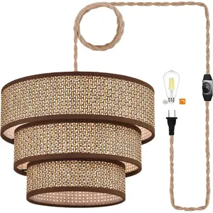 Rattan Plug in Pendant Light Boho Wicker Lampshade  Lights with Plug in Cord Plug in Chandelier for Bedroom Kitchen Dining Room