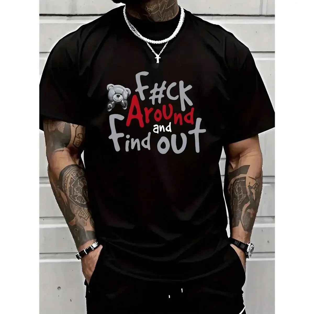 Men's 100% Cotton Casual Short Sleeve Round Neck T-Shirt - Boxer Bear Digital Print "FK AROUND AND FIND OUT", Black, Athletic, Back to School, All Seasons, Cold Wash, Machine Washable, zxy09, Unisex, Fathers Day, Graphic