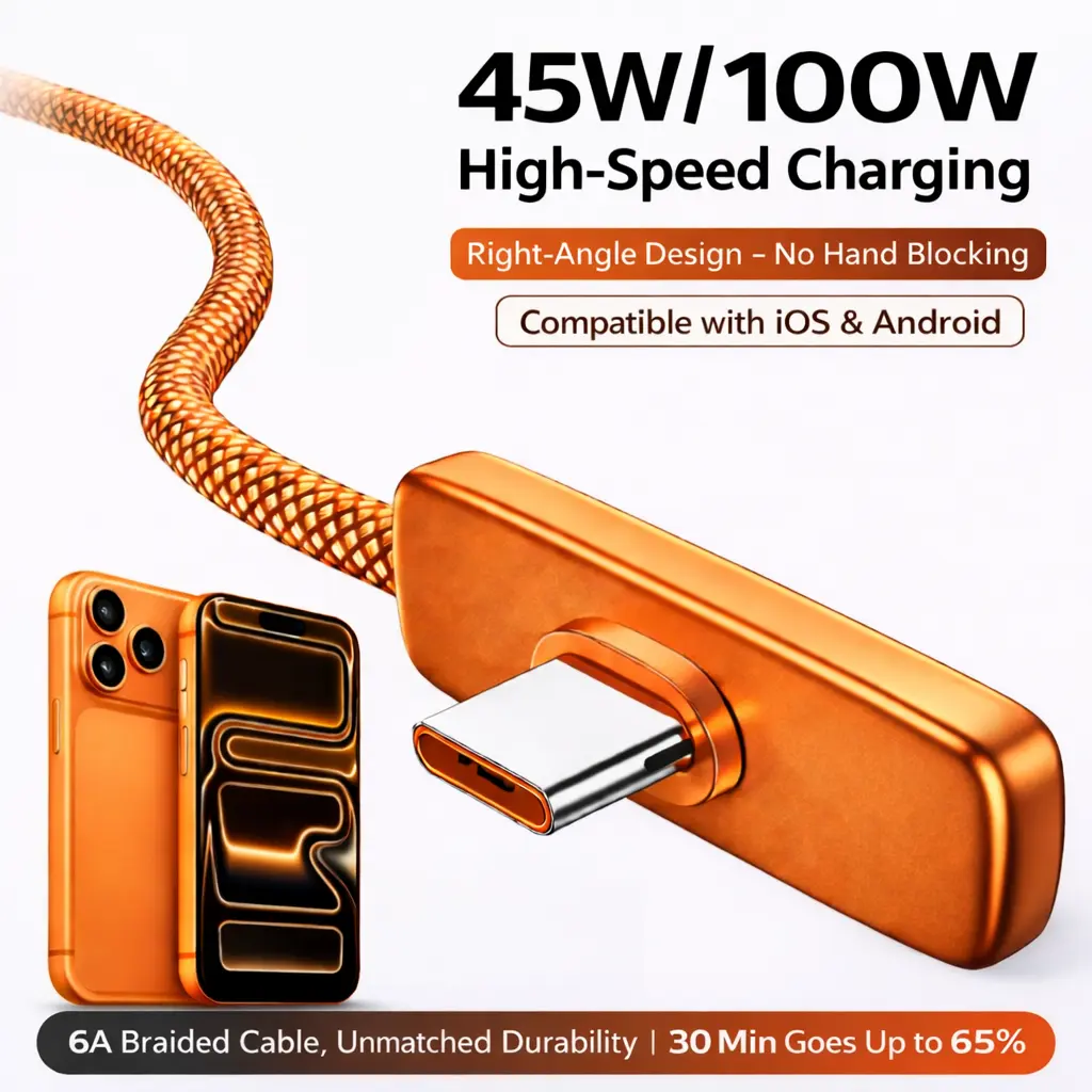 45W Right Angle USB-C to USB-C Cable, 90 Degree PD Fast Charging Braided Charger Cord for iPhone 17/16/15 Pro Max, iPad, MacBook, Samsung and USB-C Devices, Supports up to 100W, No Hand Blocking Gaming Cable