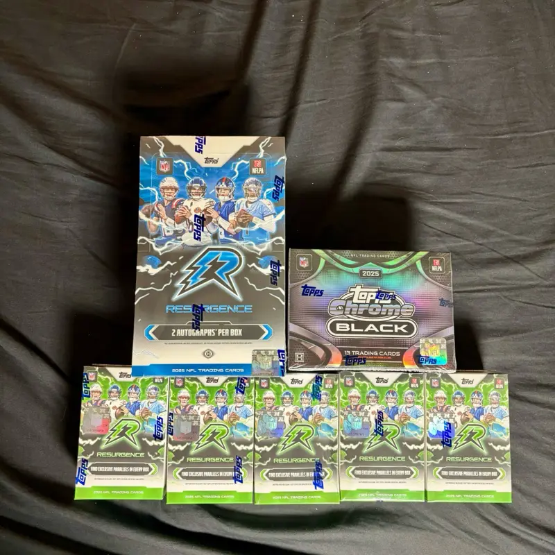 NFL 2025 PYT NEW RESURGENCE HOBBY BOX! Topps Black Hobby Box! 5x Topps Resurgence Blaster Boxes! Over 400 Cards! Numbered Cards! RPA’s! Case Hits! Autos and More