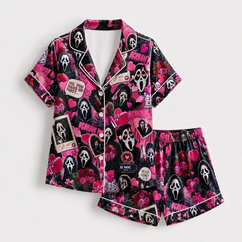 Ghostface Inspired Valentine Satin Pajama Set, Pink Horror Sleepwear and Cute Spooky Valentine’s Gift for Women