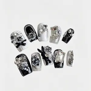 10-Piece Press-On Short Square Nails, Four-Season Nail Art, & Jumping Design, Three-Dimensional Water Diamond Pattern, Rhinestone Embellished, Nail Art Supplies