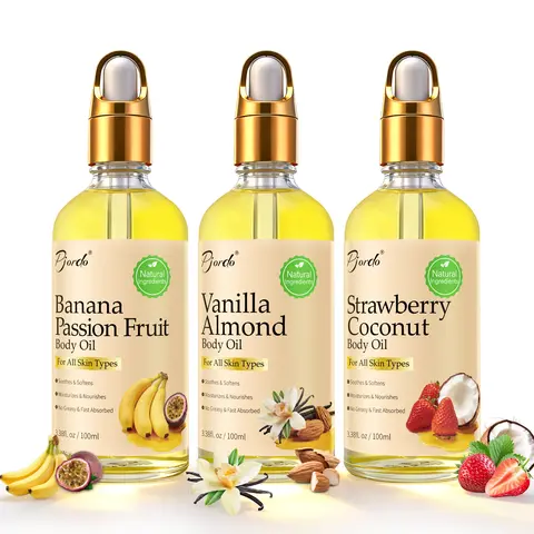 3 Pcs Scented Body Oil Set - Banana Passion Fruit, Vanilla Almond, Strawberry Aroma Blend - Daily Moisture, Soothing Body & Massage Oil for Dry Skin - Silky, Non-Greasy Post-Shower Nourisher - Ideal Gift