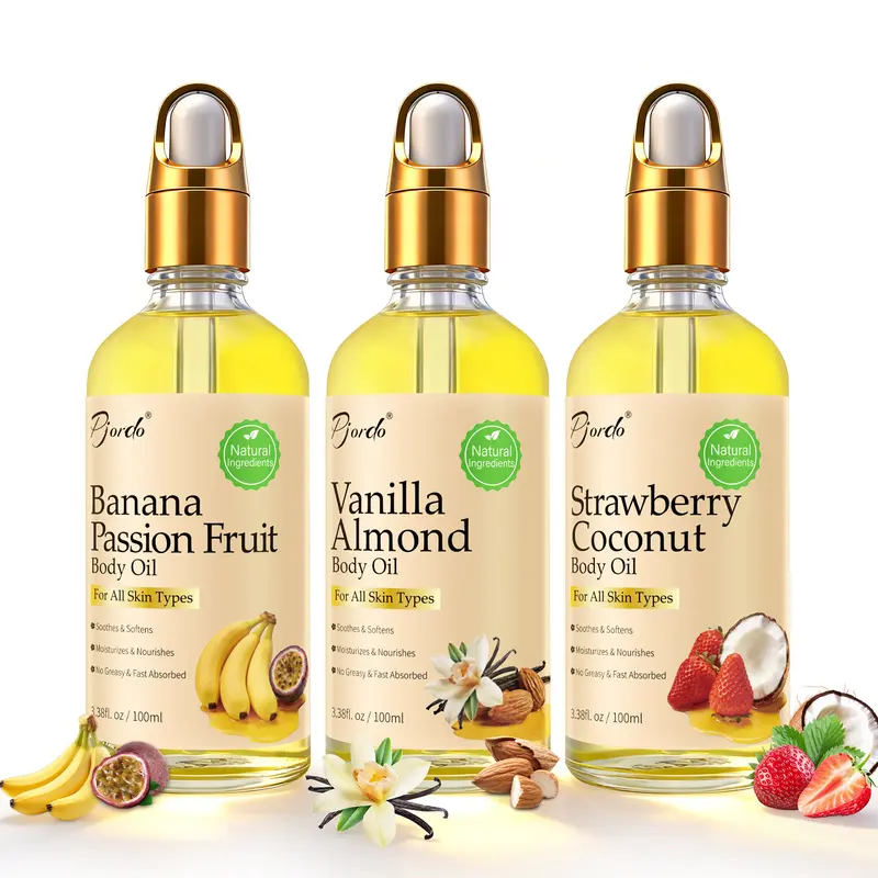 3 Pcs Scented Body Oil Set - Banana Passion Fruit, Vanilla Almond, Strawberry Aroma Blend - Daily Moisture, Soothing Body & Massage Oil for Dry Skin - Silky, Non-Greasy Post-Shower Nourisher - Ideal Gift