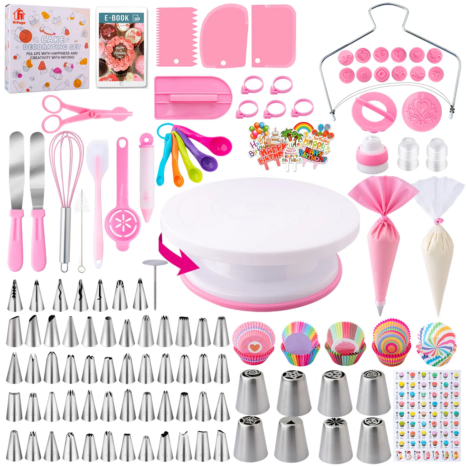 Nifogo 356pcs Reusable Cake Decorating Home Supplies Kit for Beginners & Any Levels - Kitchen Baking Set with Turntable, Piping Bag, Icing Tips, Stainless Steel Cupcake Stand, Chocolate Carving Tools, Words & Custom Art (Festive Party Gift), Reusable Kit