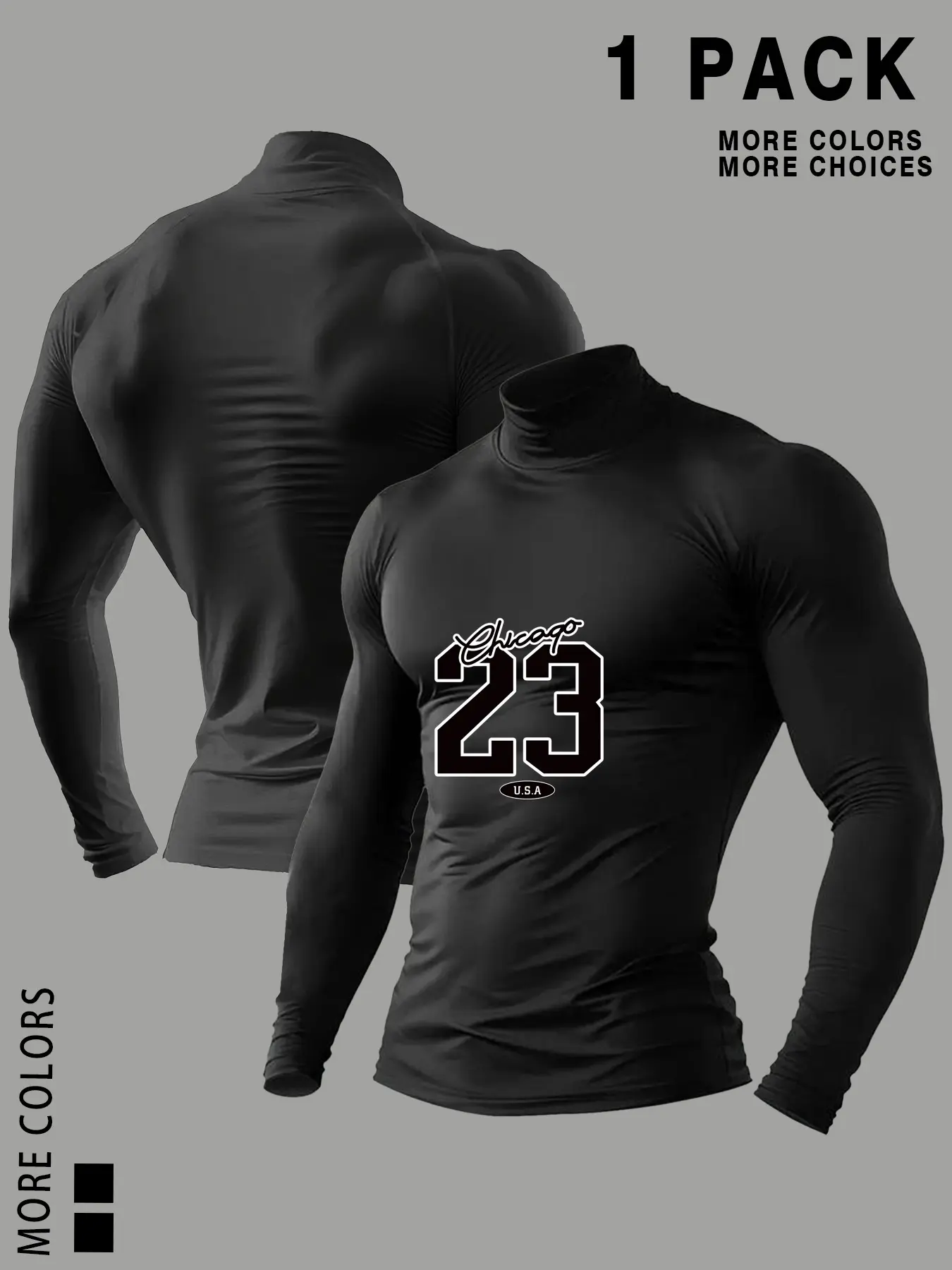 Men's Compression High-Neck Shirt, Long-Sleeve Chicago 23 Usa Graphic Top, Quick-Dry Athletic Wear for Fitness, Running & Training
