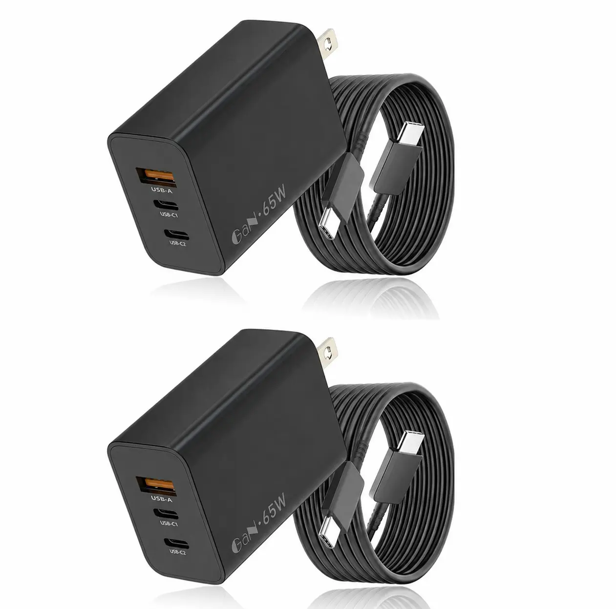 65W GaN Super Fast Charging Wall Adapter, 2 USB-C + 1 USB-A Ports, 6.6ft (2m) Cable Included, Compatible with Mobile Cellphone (Galaxy S26+/S25-S21/Z Fold 3), Electronic Device (iPhone 17 Pro Max/16/15, iPad Pro, Nintendo Switch)