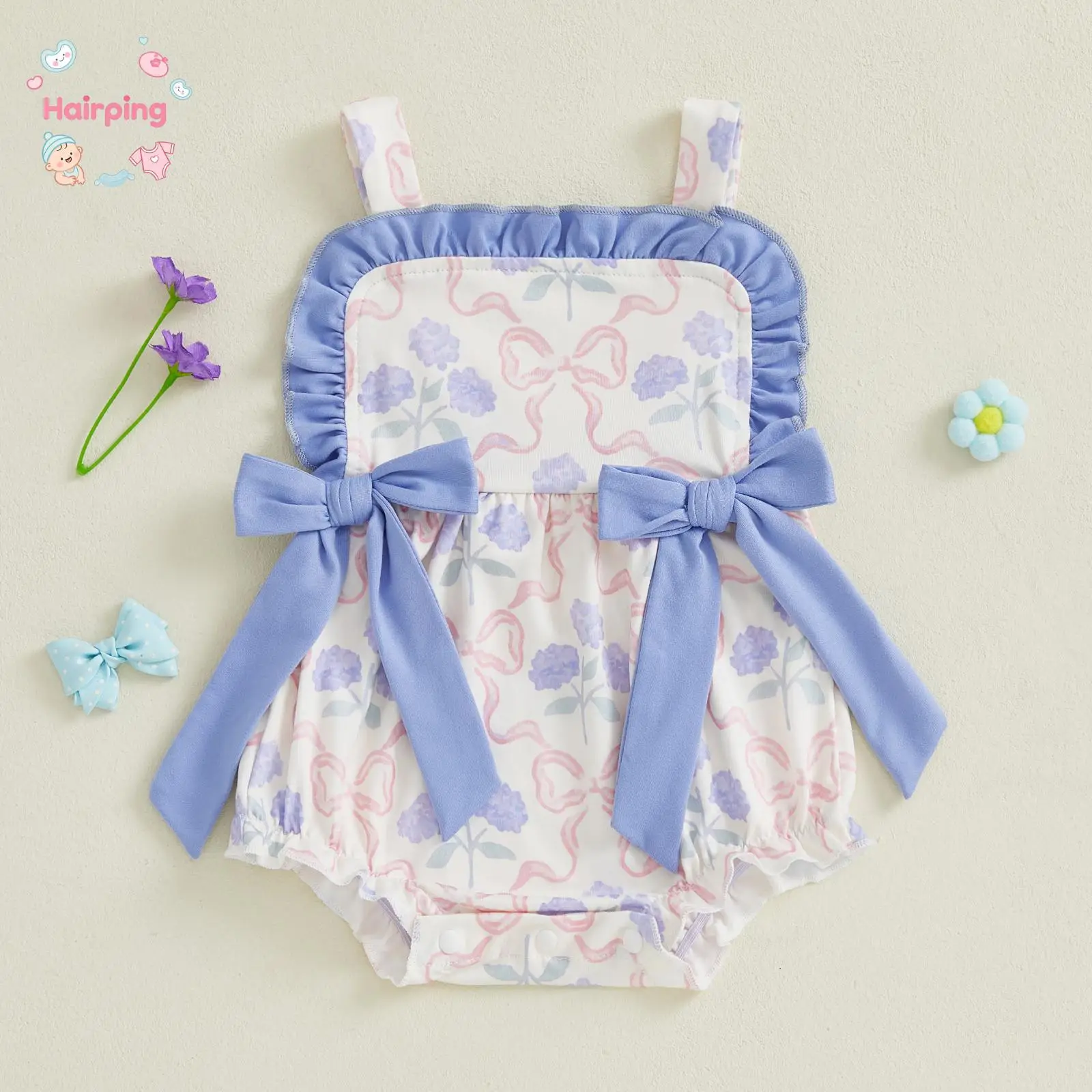 Baby Girl Romper for Summer, Loose Fit Flower Bow Print Ruffled Trim Sleeveless Infant Jumpsuit