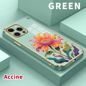 Case for iPhone 15 Pro Max 16 14 Plus 13 12 11 X XS Max XR Gorgeous Chrysanthemum Luxury Golden Edge Elecroplated TPU Camera Lens Protection Mobile Phone Cover Gift for