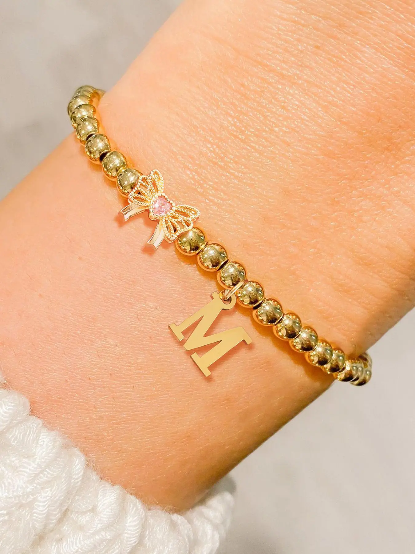 Women's Bow Initial Letter Bracelet, New Classic Beaded Chain, Casual Style, All Seasons Jewelry Accessory