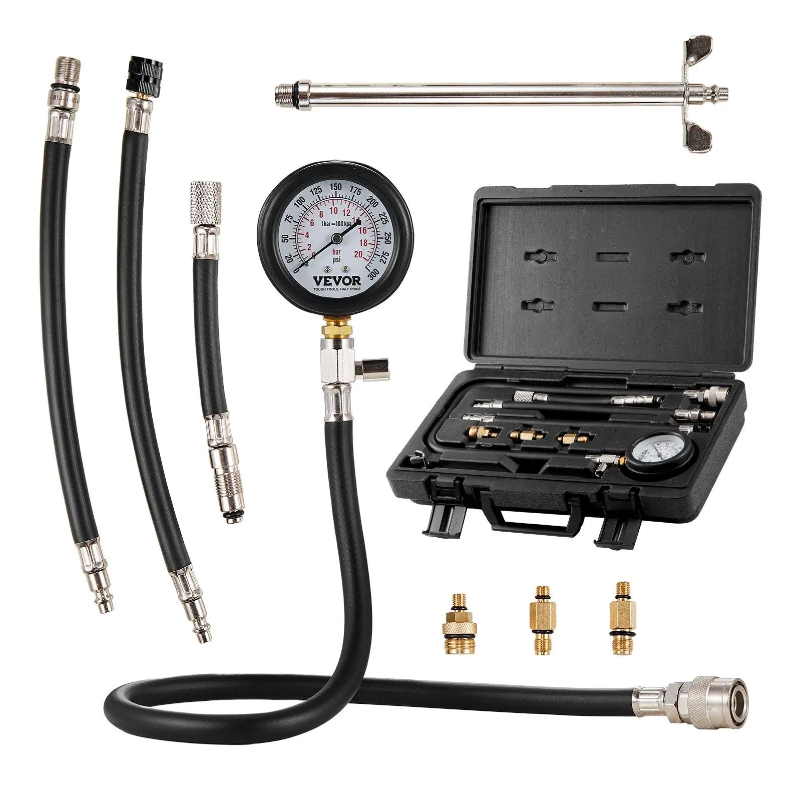 【summerfinds】VEVOR Automotive Engine Cylinder Compression Tester Adapter Kit, 9-Piece Diagnostic Tool with Quick-Connect Adapters, 0-300 psi Dual Scale Gauge, Long Reach Hoses, Storage Case for Car Engine Checks