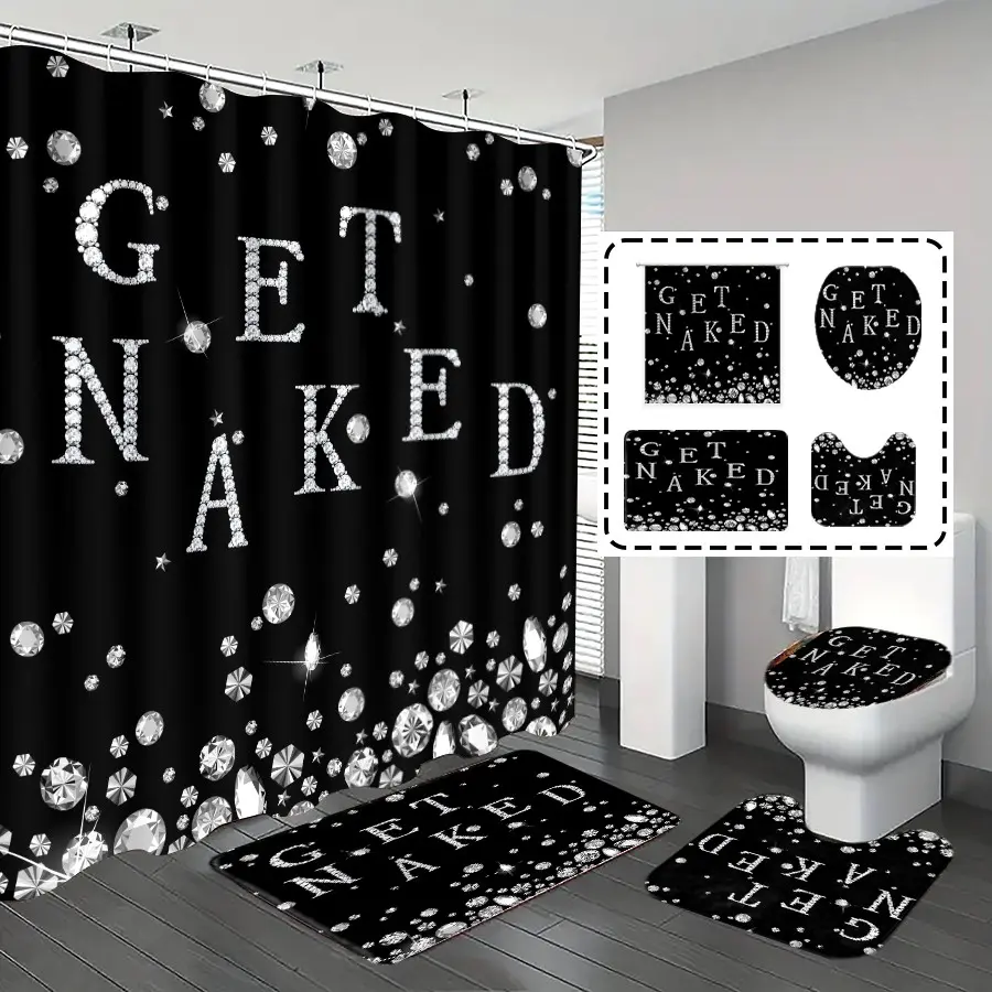 [Popular Choice]1pc/4pcs, bathroom curtains shower, bathroom set, shower curtains, shower curtain sets, bathroom rug, home decoration, bathroom mat, diamonds and letter patterns, simple and luxurious theme decoration, bathroom set, with 12 hooks.