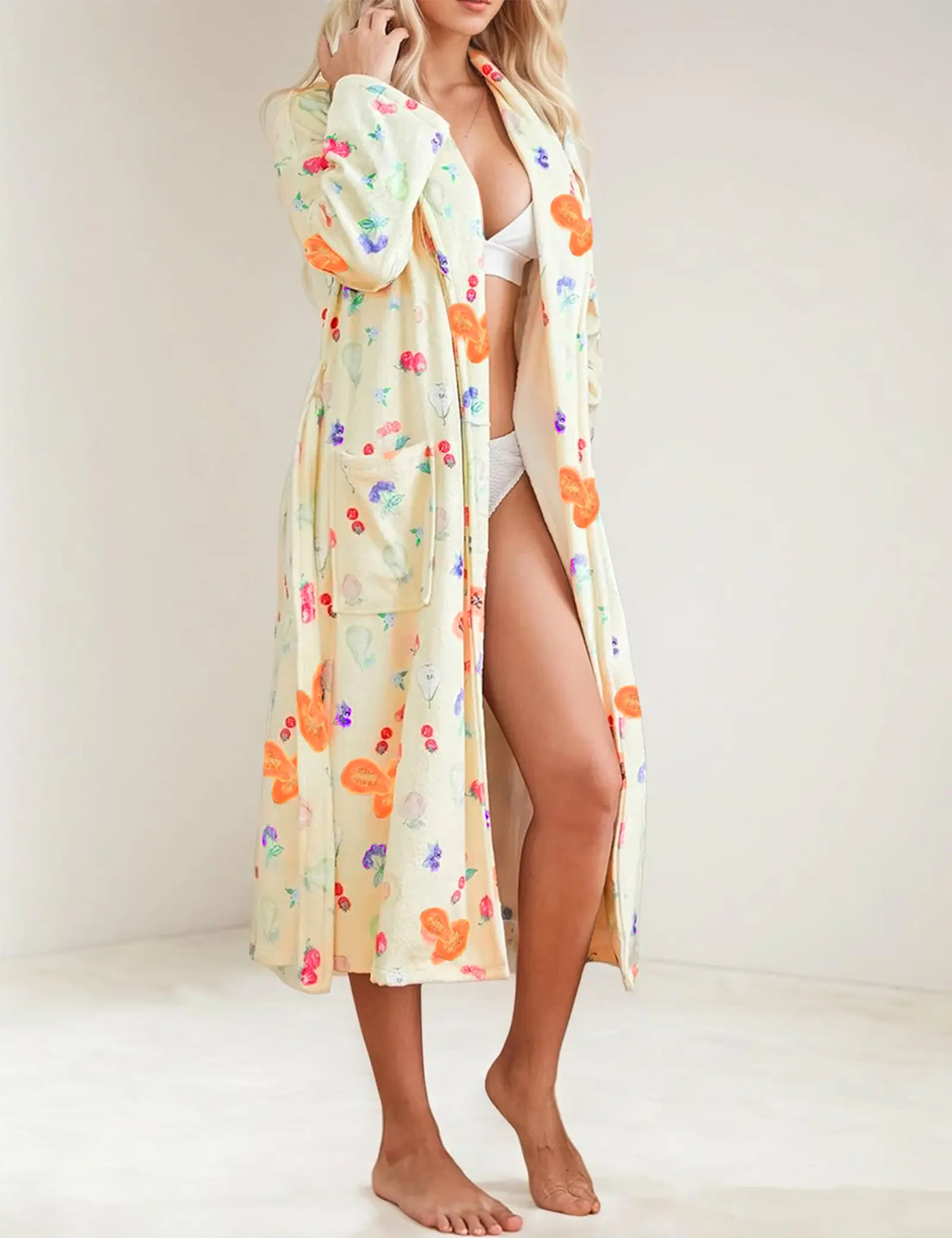 Women's Floral Print Plush Bathrobe, Long Sleeve Shawl Collar Terry Robe with a Deep V-Neck and an Adjustable Belt, Beach, Casual, Everyday
