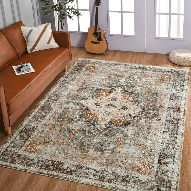 Bohemian Vintage Medallion Velvet Rug, Grey & Orange Traditional Oriental Non-Slip Washable Area Carpet, Multi Sizes for Home Decor