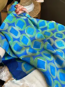 Japanese Style Round Square Patchwork Blue Plaid Scarf, Women's Waist Binder Neck Wrap, Fashionable Silk Tie