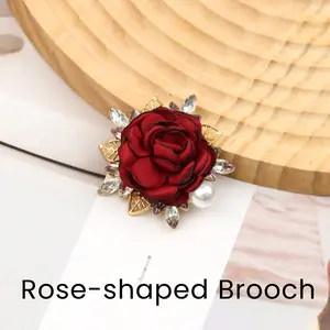 Rose Flower Brooch, Handcrafted Chiffon with Crystal Pearls for Refined Style