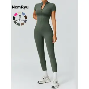 Women's High Elastic Soft Collar Half-zip Tight Waist Tight Hip Yoga Suit Outdoor Running, Cycling, Mountaineering, Walking, Naked Body Clothes Gym Sports Training All-match Short-sleeved Pants, Workout Gym Clothing, Sportswear Jumpsuits