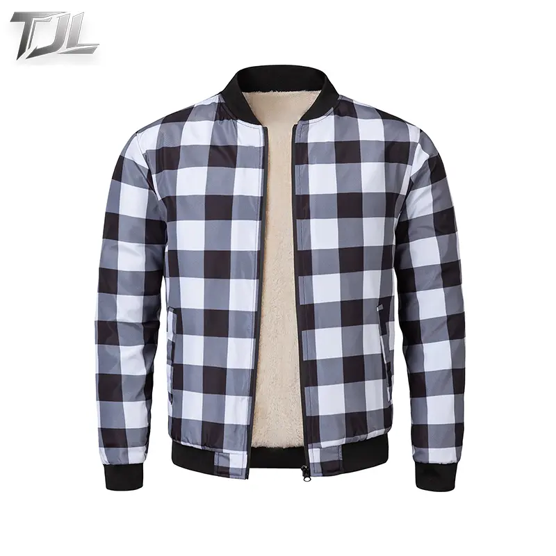 TJL Men's Casual Long Sleeve Checkered Fleece-Lined Bomber Jacket - Bold Plaid Pattern, Phone Pocket, Ribbed Cuffs Menswear Stylish Top, Checked